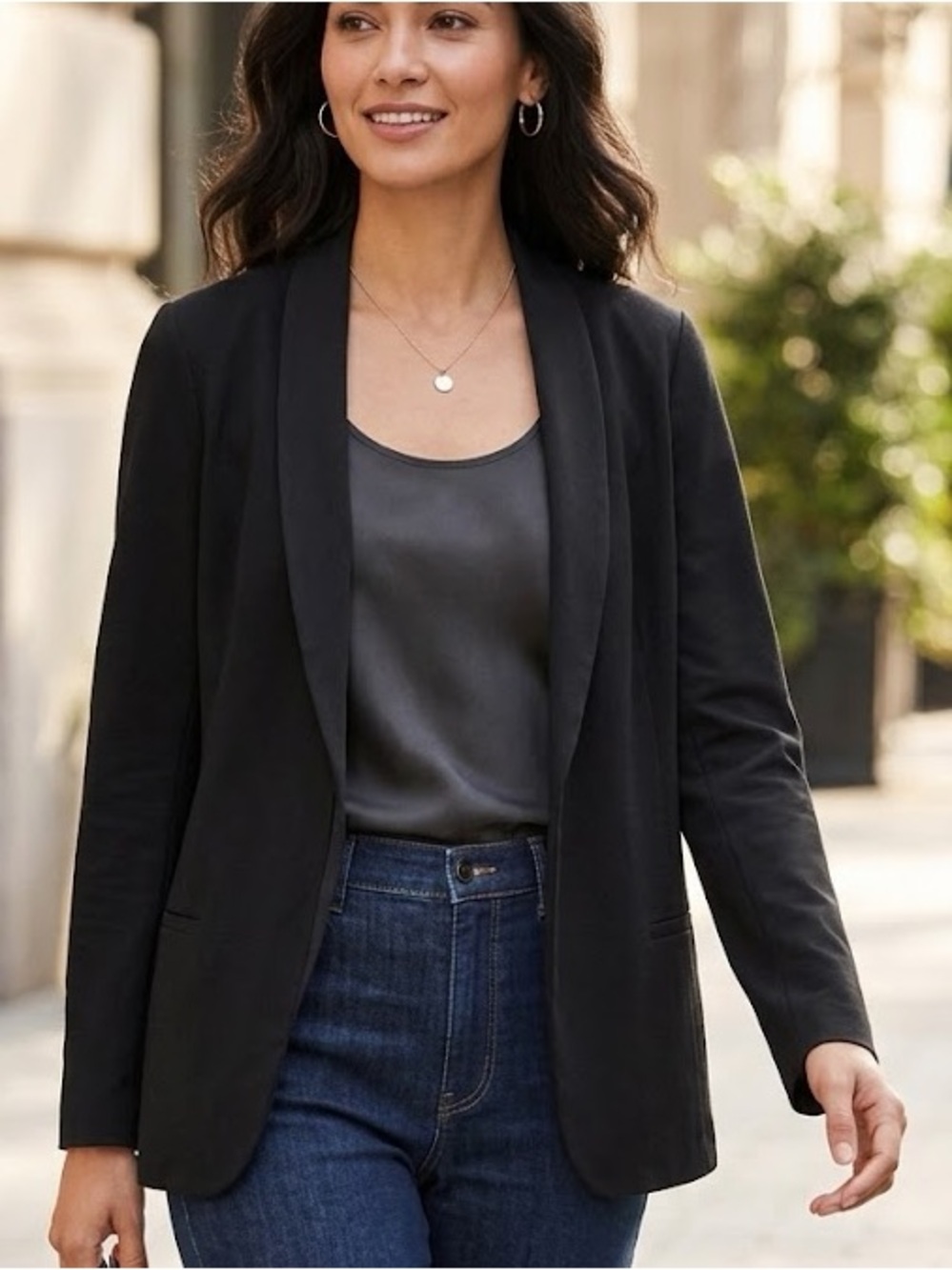 Eileen Fisher Black Shawl Collar Blazer Open Front Stretch Knit Jacket L